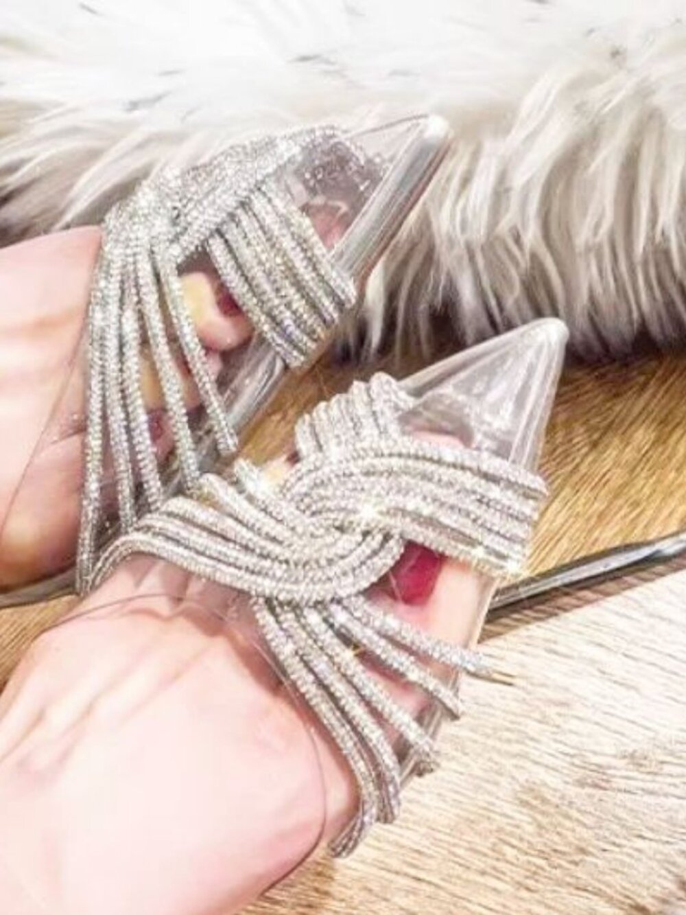 NEW WOMEN'S GLAZE RHINESTONE CLEAR FLATS SIZE 10 SLIPPERS POINTED CLOSED TOE